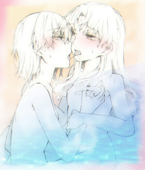 2girls absurdres blush breasts commentary_request cowboy_shot groping hair_down hand_on_another's_arm higashizukihi_sei highres kiss long_hair medium_hair misaka_mikoto monochrome multiple_girls nipples nude saliva saliva_trail shirai_kuroko small_breasts toaru_kagaku_no_railgun toaru_majutsu_no_index tongue tongue_out water wet yuri