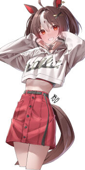 1girl absurdres animal_ears belt belt_buckle black_belt brown_eyes brown_hair brown_tail buckle crop_top cropped_hoodie gran_alegria_(casual)_(umamusume) gran_alegria_(umamusume) hands_up highres hood hood_down hoodie horse_ears horse_girl horse_tail kawai_ritsu_(rits_meg) long_sleeves looking_at_viewer midriff multicolored_hair red_skirt simple_background skirt sleeves_past_wrists smile solo streaked_hair tail thighs umamusume white_background white_hoodie white_streaks