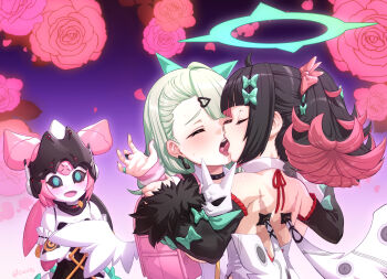 3girls absurdres aria_(zenless_zone_zero) backpack bag black_hair black_sclera blue_eyes blunt_bangs bow closed_eyes colored_sclera detached_sleeves french_kiss green_bow green_hair green_halo hair_bow hair_ornament hairclip halo highres holding_another's_wrist kiss loli long_hair long_sleeves looking_at_another luizhtx multiple_girls nangong_yu not_canon open_mouth pink_bow pink_hair randoseru robot_girl sleeve_bow smile sunna_(zenless_zone_zero) tongue tongue_out yuri zenless_zone_zero