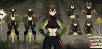 1girl animal animal_on_head animal_on_shoulder bird bird_on_head bird_on_shoulder black_pants black_shirt broken_screen brown_hair character_name closed_mouth colored_inner_hair commentary crocodile_girl crocodilian_tail crossed_arms dragon_horns dragon_wings english_commentary fourth_wall green_scales green_streaks hands_in_pockets hands_on_own_hips highres horns indie_virtual_youtuber kairyu_crocodile long_hair looking_at_viewer multicolored_hair nanoless official_art on_head pants red_eyes shirt smile solo tail virtual_youtuber wings