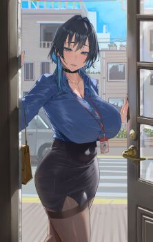 1girl archinoer bag black_choker black_hair black_skirt blue_eyes blue_hair breasts brown_bag button_gap choker cleavage collared_shirt colored_inner_hair commentary covered_navel english_commentary hair_intakes handbag high-waist_skirt highres hololive hololive_english huge_breasts id_card jewelry lanyard long_sleeves looking_at_viewer medium_hair miniskirt multicolored_hair necklace office_lady ouro_kronii pantyhose parted_lips pencil_skirt shirt shirt_tucked_in skirt solo standing thighband_pantyhose virtual_youtuber wolf_cut