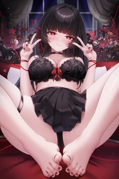 1girl bare_shoulders barefoot black_bra black_hair black_panties black_skirt blunt_bangs blush bra breasts chisa_(wuthering_waves) closed_mouth commentary_request curtains double_v feet fingernails flower hair_ribbon hands_up highres indoors knees_apart_feet_together knees_up lace lace_bra large_breasts ling_dianxia long_fingernails long_hair looking_at_viewer nail_polish night no_shirt paid_reward_available panties partial_commentary red_eyes red_nails red_pupils red_ribbon ribbon rose skindentation skirt smile solo spread_legs thigh_strap thighs toenail_polish toenails toes underwear v window wuthering_waves