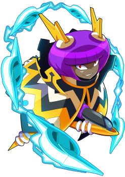 1girl bob_cut cape dark-skinned_female dark_skin dynatron_(mighty_no._9) electricity full_body highres horns joints mighty_no._9 no_feet purple_hair red_eyes redesign robot robot_girl robot_joints short_hair simple_background smile solo tagme teeth ultimatemaverickx white_background