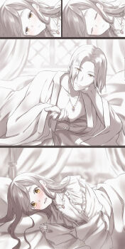 1boy 1girl absurdres bed_sheet breasts brown_eyes cleavage collarbone couple ferdinand_(honzuki_no_gekokujou) hair_intakes half-closed_eyes head_rest highres honzuki_no_gekokujou indoors jewelry limited_palette long_sleeves looking_at_viewer lying myne_(honzuki_no_gekokujou) medium_breasts necklace on_side parted_lips short_hair sleeping split_screen under_covers yumeha_tseru