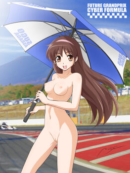 1990s_(style) 1girl bad_id bad_pixiv_id breasts brown_eyes brown_hair cleft_of_venus cowboy_shot female_focus future_gpx_cyber_formula long_hair looking_at_viewer nipples nude onaya_masakazu open_mouth outdoors pussy racetrack retro_artstyle smile solo standing sugou_asuka umbrella uncensored