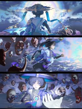 1boy aqua_kimono armor belt black_belt black_bodysuit black_border black_bow black_hair black_shorts blue_cape blue_hat blunt_ends bodysuit border bow bridal_gauntlets cape clenched_hands cloud cloudy_sky clown_mask curled_fingers dterl facing_viewer feathers floating from_behind from_side genshin_impact gold han'eri hat highres japanese_armor japanese_clothes jingasa kimono kote kurokote layered_clothes layered_kimono male_focus mask multiple_views ocean oni_mask open_clothes open_hand open_kimono parted_bangs parting_water pom_pom_(clothes) profile purple_eyes purple_rope reaching reaching_towards_viewer rope running scaramouche_(genshin_impact) sequential short_sleeves shorts sky split_ocean turtleneck turtleneck_bodysuit vision_(genshin_impact) wanderer_(genshin_impact) white_hole white_kimono white_sleeves yellow_feathers