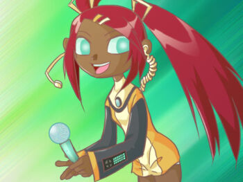 blue_eyes crossover dark_skin headphones long_hair lowres microphone red_hair sari_sumdac transformers transformers_animated vocaloid