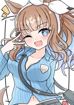 +_+ 1girl almond_eye_(umamusume) animal_ears arnolddayo bag blue_eyes blue_shirt blush bow bow_hairband braid breasts brown_hair cleavage collarbone collared_shirt colored_inner_hair hair_between_eyes hair_ornament hairband hairclip highres horse_ears horse_girl horse_tail large_breasts long_hair looking_at_viewer multicolored_hair navel one_eye_closed open_mouth shirt shoulder_bag smile solo symbol-shaped_pupils tail umamusume white_hairband x-shaped_pupils