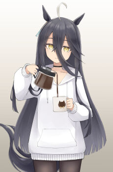 1girl absurdres ahoge animal_ears black_choker black_hair black_pantyhose censored choker coffee coffee_pot crossed_bangs cup ear_tag earrings grey_background hair_between_eyes highres hood hood_down hoodie horse_ears horse_girl jewelry long_bangs long_hair long_hair_between_eyes long_sleeves looking_at_viewer manhattan_cafe_(umamusume) mosaic_censoring mug multicolored_hair pantyhose re1m1 simple_background single_earring smile solo umamusume very_long_hair white_hair white_hoodie yellow_eyes