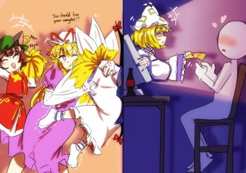 1other 3girls :d absurdres anger_vein animal_ears blonde_hair blue_nails blue_tabard bottle breasts brown_hair cat_ears cat_girl cheering chen commentary dress elbow_gloves english_text envelope fang fox_girl fox_tail from_side gap_(touhou) gloves hat highres holding holding_envelope kitsune kyuubi large_breasts long_hair long_sleeves mob_cap monitor multiple_girls multiple_tails nail_polish one_eye_closed open_mouth parted_lips purple_dress purple_eyes pushing red_skirt red_vest ribbon shirt short_sleeves sitting skirt sleepymoon smile tabard table tail through_medium through_screen touhou vest white_dress white_gloves white_shirt yakumo_ran yakumo_yukari