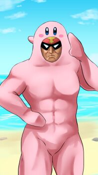 1boy 1other beach captain_falcon cowboy_shot highres kirby kirby_(series) looking_at_viewer mouthful_mode mp893 muscular nintendo ocean salute super_smash_bros. what