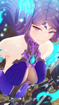 2girls breasts brighid_(xenoblade) closed_mouth commentary covered_navel english_commentary facial_mark fiery_hair forehead_mark garry&#039;s_mod_(medium) highres large_breasts long_hair looking_at_viewer morag_ladair_(xenoblade) multiple_girls photoshop_(medium) purple_eyes purple_hair sculp2 smile solo_focus xenoblade_chronicles_(series) xenoblade_chronicles_2