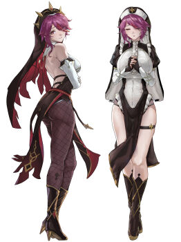 Rule 34 | 1girl, absurdres, alternate costume, ass, bare back, bare shoulders, black pantyhose, breasts, detached sleeves, full body, genshin impact, highres, large breasts, looking at viewer, nun, pantyhose, purple eyes, purple hair, rosaria (genshin impact), simple background, thigh strap, thighs, white background, yuiiki014