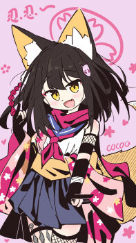 1girl :d absurdres animal_ear_fluff animal_ears black_gloves black_hair blue_archive blue_sailor_collar blue_skirt blush brown_hair chinese_commentary commentary_request fang fishnet_thighhighs fishnets floral_print fox_ears fox_girl fox_shadow_puppet fox_tail gloves hair_between_eyes hair_ornament halo highres izuna_(blue_archive) japanese_clothes kunai looking_at_viewer neckerchief nuansede_kekeya open_mouth partially_fingerless_gloves pink_background pink_neckerchief pink_scarf pleated_skirt sailor_collar scarf school_uniform serafuku simple_background skirt sleeveless smile solo tail thighhighs weapon yellow_eyes