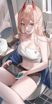 1girl absurdres alternate_breast_size black_shorts blue_jacket blush breasts chainsaw_man cleavage collarbone crop_top fangs hair_between_eyes handheld_game_console highres holding holding_handheld_game_console horns jacket looking_at_viewer medium_breasts midriff mirror mungduck navel nintendo_switch orange_eyes power power_(chainsaw_man) red_horns reflection sharp_teeth shorts sitting solo teeth toilet upper_teeth_only