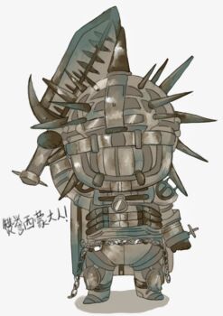 1girl armor chain chibi chinese_commentary chinese_text commentary_request full_armor full_body greatsword highres holding holding_sword holding_weapon laxasia_the_complete lies_of_p liudongxx simple_background solo spiked_helmet standing sword translation_request weapon white_background