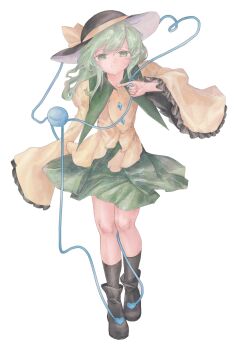 1girl bi black_boots black_socks blank_eyes blouse boots buttons commentary_request diamond_button green_eyes green_hair green_skirt hat heart heart_of_string highres komeiji_koishi shirt skirt socks tachi-e third_eye touhou wide_sleeves yellow_shirt