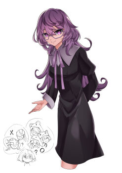 Rule 34 | 1girl, angewomon, black dress, chibi, chibi inset, cowboy shot, digimon, digimon story: time stranger, digimon world re:digitize, dress, glasses, highres, hisuikouha, ladydevimon, long hair, mikagura mirei, purple eyes, purple hair, simple background, sistermon blanc, sistermon ciel, sistermon noir, solo, speech bubble, thought bubble, white background