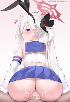 1boy 1girl :q absurdres animal_ear_hairband animal_ears anus ass bare_shoulders black_bow black_flower black_hairband blue_archive blue_sailor_collar blue_skirt bow closed_mouth commentary cosplay cum cum_in_pussy elbow_gloves english_commentary fake_animal_ears flower from_behind gabriel_evangel girl_on_top gloves gradient_background hair_behind_ear hair_bow hair_flower hair_ornament hairband halo hands_on_another&#039;s_thighs heart hetero highres loli long_hair looking_at_viewer looking_back microskirt mutsuki_(blue_archive) pleated_skirt pointy_ears ponytail pov pov_crotch purple_eyes pussy rabbit_ears red_halo sailor_collar sex sex_from_behind shimakaze_(kancolle) shimakaze_(kancolle)_(cosplay) shirt side_ponytail simple_background skirt sleeveless sleeveless_shirt solo_focus star_(symbol) star_in_eye symbol_in_eye tongue tongue_out trembling vaginal very_long_hair white_background white_gloves white_hair white_shirt