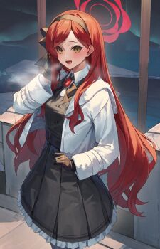 Rule 34 | 1girl, absurdres, black dress, black gloves, black hairband, black ribbon, blue archive, breath, brooch, collared shirt, commentary request, dress, fur trim, gloves, hair behind ear, hairband, halo, highres, jacket, jewelry, long hair, looking at viewer, outdoors, red hair, red halo, ribbon, shirt, snow, solo, takane (blue archive), white jacket, white shirt, yamanokami eaka