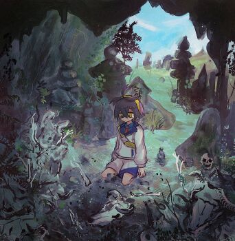 1boy black_hair blue_shirt blue_sky bone cave collared_shirt commentary_request crossed_bangs day hair_between_eyes hairband highres horimhkw11 jacket kieran_(pokemon) kneeling male_focus mole mole_on_neck nintendo outdoors plant pokemon pokemon_sv purple_hair rock shirt shorts sitting skull sky sweat water white_jacket white_shorts yellow_hairband