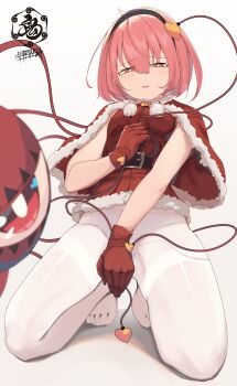 1girl absurdres belt black_belt black_hairband blush capelet check_commentary commentary_request covering_crotch covering_privates eyeball full_body fur-trimmed_capelet fur_trim gloves hair_ornament hairband heart heart_hair_ornament highres kneeling komeiji_satori nervous no_pants no_shoes pantyhose parted_lips pink_eyes pink_hair pom_pom_(clothes) red_capelet red_gloves red_shirt santa_costume senzaicha_kasukadoki shirt short_hair simple_background sleeveless sleeveless_shirt solo sweat third_eye touhou watermark white_background white_pantyhose