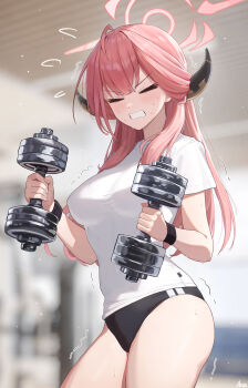 1girl absurdres aru_(blue_archive) arus black_buruma blue_archive breasts buruma clenched_teeth closed_eyes commentary_request demon_girl demon_horns double_dumbbell_pose_(han-0v0) dumbbell gym gym_uniform halo highres holding holding_dumbbell horns indoors large_breasts large_variant_set red_hair red_halo solo teeth thighs variant_set