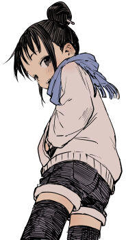 1girl absurdres alternate_costume black_eyes black_hair black_shorts black_thighhighs blue_scarf casual commentary_request hands_in_pockets highres kunoichi_tsubaki_no_mune_no_uchi looking_at_viewer mokuren_(kunoichi_tsubaki_no_mune_no_uchi) scarf short_hair shorts simple_background solo thighhighs white_background yamamoto_souichirou