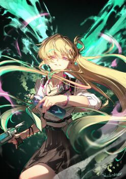 1girl aqua_necktie asymmetrical_dual_wielding black_skirt blonde_hair can collarbone commentary dual_wielding earrings hair_ornament headphones headphones_around_neck highres holding holding_can jewelry linlinzhong long_hair looking_at_viewer lynae_(wuthering_waves) mole necklace necktie parted_lips purple_eyes shirt shirt_tucked_in signature skirt skull_hair_ornament smile solo spray_can star_(symbol) star_earrings symbol-only_commentary white_shirt wuthering_waves