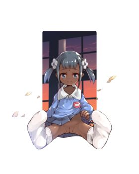 1girl bindi black_hair blue_eyes cleft_of_venus dark-skinned_female dark_skin female_focus foreshortening kindergarten_uniform loli lowres no_panties omunikin original pussy sitting skirt smile socks solo transparent_background upskirt