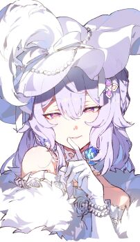 1girl aktkskr black_swan_(honkai:_star_rail) black_swan_(recollection)_(honkai:_star_rail) blue_flower blue_rose bow bracelet commentary_request finger_to_mouth flower fur_trim gloves hair_ornament hat hat_bow hat_feather highres honkai:_star_rail honkai_(series) jewel_under_eye jewelry long_hair looking_at_viewer official_alternate_costume pearl_bracelet purple_hair rose shushing smile white_background white_gloves yellow_eyes