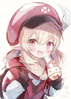 1girl :d backpack bag blonde_hair blush brown_gloves cabbit child commentary_request dress fang feathers genshin_impact gloves hair_between_eyes hands_up hat hat_feather highres holding holding_strap klee_(genshin_impact) long_hair looking_at_viewer low_twintails open_mouth pointy_ears red_dress red_eyes red_headwear rucaco signature simple_background smile solo twintails upper_body white_background white_feathers