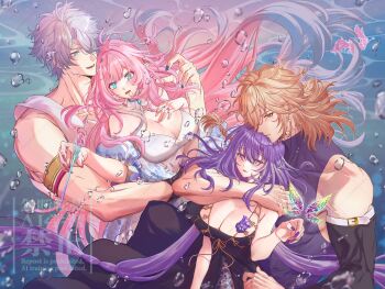 2boys 2girls absurdres blonde_hair blue_eyes breasts castorice_(honkai:_star_rail) cleavage commentary_request couple cyrene_(honkai:_star_rail) cyrene_(ripples_of_past_reverie)_(honkai:_star_rail) dress hetero highres honkai:_star_rail honkai_(series) hug large_breasts long_hair medium_hair mem_(honkai:_star_rail) multiple_boys multiple_girls muscular muscular_male mydei_(honkai:_star_rail) phainon_(honkai:_star_rail) pink_hair pointy_ears puricha purple_eyes purple_hair purple_shirt shirt short_hair sleeveless sleeveless_shirt smile turtleneck turtleneck_shirt underwater very_long_hair white_dress white_hair white_shirt yellow_eyes