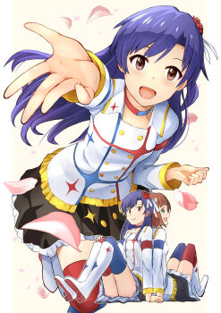 2girls absurdres amami_haruka asymmetrical_legwear back-to-back black_skirt blue_choker blue_hair blue_thighhighs boots bow brown_eyes brown_hair choker flower hair_bow hair_flower hair_ornament highres idolmaster idolmaster_(classic) idolmaster_movie jacket kisaragi_chihaya knees_up long_hair long_sleeves looking_at_viewer mismatched_legwear mismatched_thighhighs multiple_girls noborinosato official_alternate_costume open_mouth outstretched_arm outstretched_hand print_boots print_jacket red_choker red_flower red_rose red_thighhighs rose short_hair sitting skirt smile sparkle_print starpiece_memories_(idolmaster) thighhighs two-tone_choker white_boots white_bow white_jacket