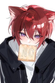 1boy animal_ears black_hoodie blush bread bread_slice cat_ears ears_down ensemble_stars! food food_in_mouth food_writing hair_between_eyes highres hood hoodie kemonomimi_mode lishu56251640 looking_at_viewer male_focus mouth_hold purple_eyes red_hair shirt short_hair solo suou_tsukasa toast toast_in_mouth turtleneck upper_body white_shirt zipper
