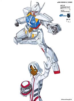 1990s_(style) 1boy 2018 absurdres cockpit dark_skin dated dual_persona green_eyes gundam helmet highres holding holding_unworn_helmet looking_at_viewer loran_cehack machinery marker_(medium) mecha mecha_pilot_suit mobile_suit reaching reaching_towards_viewer retro_artstyle robot scan science_fiction signature steven_(sz0097) syd_mead_(style) title traditional_media turn_a_gundam turn_a_gundam_(mobile_suit) unworn_helmet when_you_see_it white_background white_hair