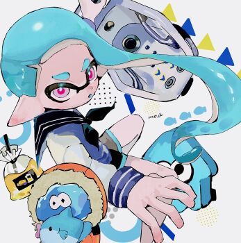 1girl black_shorts bloblobber_(splatoon) blue_hair character_request drink drinking_straw highres holding inkling inkling_girl inkling_player_character long_hair long_sleeves looking_at_viewer moyu_u0 nintendo open_mouth pink_eyes pointy_ears sailor_collar sailor_shirt shirt shorts solo_focus splatoon_(series) tagme tentacle_hair weapon