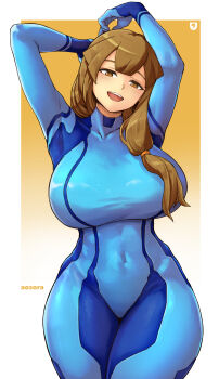 1girl absurdres aosora2823 blue_bodysuit bodysuit breasts brown_eyes brown_hair commentary_request commission cosplay covered_navel gradient_background highres inazuma_eleven inazuma_eleven_(series) inazuma_eleven_victory_road large_breasts long_hair metroid nanobana_kinako nintendo open_mouth pixiv_commission samus_aran samus_aran_(cosplay) skin_tight smile solo two-tone_background white_background zero_suit