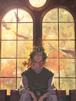 Rule 34 | 1boy, autumn, autumn leaves, belt, bird, closed eyes, commentary request, dragon quest, dragon quest iv, earrings, ebira, green hair, green tunic, headpiece, hero (dq4), highres, jewelry, leaf, male focus, medium hair, shirt, sitting, sleeping, sleeping upright, slime (dragon quest), tunic, white shirt, window