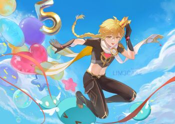 &gt;_&lt; 1boy :d aether_(genshin_impact) ahoge anemo_slime_(genshin_impact) balloon black_boots black_gloves blonde_hair blue_sky boots braid brown_pants brown_shirt cloud commentary crop_top crossed_bangs crown day elbow_gloves english_commentary floating floating_hair full_body genshin_impact gloves hair_between_eyes hand_up highres knee_boots lim3cake long_hair looking_at_viewer lower_teeth_only male_focus midriff mini_crown navel number_balloon open_mouth pants scarf shirt short_sleeves sidelocks single_braid sky slime_(creature) slime_(genshin_impact) smile solo_focus star_balloon teeth watermark white_scarf yellow_eyes