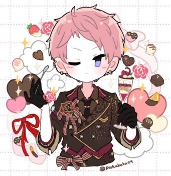 1boy black_gloves chocolate closed_mouth collared_shirt commentary ear_piercing earrings ensemble_stars! flower food fruit gloves grid_background hands_up heart highres holding holding_spoon ice_cream itsuki_shu jewelry lapels long_sleeves looking_at_viewer male_focus mani_(pukakaka09) necktie notched_lapels official_alternate_costume one_eye_closed orange_(fruit) orange_slice piercing pink_flower pink_hair pink_rose purple_eyes red_necktie red_ribbon ribbon rose shirt short_hair smile solo sparkle spoon strawberry sweets symbol-only_commentary twitter_username