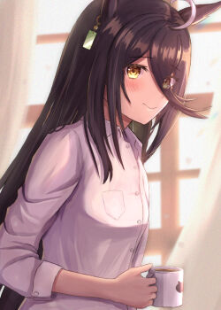 Rule 34 | 1girl, ahoge, animal ears, black hair, blush, breasts, closed eyes, coffee, coffee mug, collared shirt, commentary request, cup, ear tag, earrings, hair between eyes, holding, holding cup, horse ears, horse girl, jewelry, long bangs, long hair, long hair between eyes, long sleeves, looking at viewer, manhattan cafe (umamusume), mug, multicolored hair, shirt, single earring, small breasts, smile, solo, thurumu, umamusume, upper body, very long hair, white hair, white shirt, yellow eyes