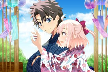 1boy 1girl black_hair blue_eyes blue_kimono blue_sky blush bow breasts bush cimeri closed_mouth cloud cloudy_sky commentary_request day fate/grand_order fate_(series) floating_hair floral_print fujimaru_ritsuka_(male) hair_between_eyes hair_bow hand_up hands_in_opposite_sleeves high_ponytail japanese_clothes kikkoumon kimono long_sleeves looking_at_another looking_at_object medium_breasts okita_souji_(fate) okita_souji_(koha-ace) open_mouth outdoors pink_hair ponytail purple_bow shima_(pattern) short_hair short_ponytail sky smile striped_clothes striped_kimono tanzaku upper_body white_kimono wide_sleeves yagasuri yellow_eyes