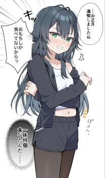 Rule 34 | 1girl, ^^^, akagi natsuichi, antenna hair, black hair, black jacket, black pantyhose, black shorts, commentary request, double-parted bangs, gakuen idolmaster, green eyes, highres, idolmaster, jacket, long hair, long sleeves, looking at viewer, midriff, navel, notice lines, open clothes, open jacket, pantyhose, shirt, short shorts, shorts, single off shoulder, solo, speech bubble, tank top, thought bubble, translation request, tsukimura temari, white shirt, white tank top