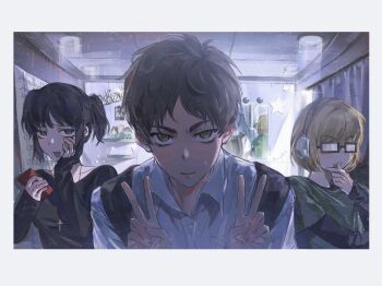 Rule 34 | 1girl, 2boys, alternate universe, armin arlert, black choker, black hair, black shirt, blonde hair, border, breasts, brown hair, choker, collared shirt, cross, cross necklace, double v, eren yeager, erwin smith, glasses, green shirt, hand on own cheek, hand on own face, hand to own mouth, hange zoe, hashtag-only commentary, headphones, highres, holding, holding phone, jewelry, laicuihu666, levi (shingeki no kyojin), looking at viewer, medium breasts, mikasa ackerman, multiple boys, necklace, official alternate costume, open mouth, parted bangs, phone, school, shingeki no kyojin, shirt, shirt under shirt, short hair, short twintails, smile, sweatdrop, twintails, upper body, v, white border, white shirt