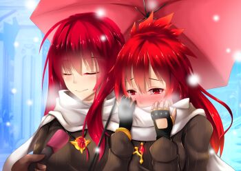 2girls blush closed_eyes couple covered_mouth covering_face covering_own_mouth elesis_(elsword) elsword fi-san interview long_hair microphone multiple_girls red_eyes red_hair scarf snow snowing umbrella winter_clothes