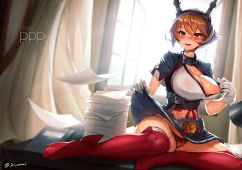 1girl absurdres backlighting bare_shoulders blush boots breasts brown_hair clothes_lift clothes_pull curtains female_focus gloves green_eyes hair_between_eyes hairband headgear highres jai_(whany1998) kantai_collection large_breasts legs lifting_own_clothes looking_at_viewer midriff miniskirt mutsu_(kancolle) mutsu_kai_ni_(kancolle) navel nipple_slip nipples open_window panties paper partially_submerged pleated_skirt red_boots red_panties red_thighhighs shirt_pull short_hair skirt skirt_lift smile solo thighhighs thighs underbust underwear white_gloves window