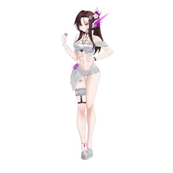 Rule 34 | 1girl, abs, absurdres, anklet, antennae, belly, bracelet, breasts, brown hair, commission, commissioner upload, dusk (wayanfa), eyelashes, hair ornament, hand on own hip, highres, jewelry, knees, legband, navel, non-web source, original, petite, pink eyes, ponytail, rhan, shoes, small breasts, smile, solo, swimsuit, thighs, transparent background