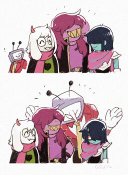 1girl 1other 2boys ^_^ animal_ears ant_tenna black_hair blue_skin closed_eyes colored_skin corogarucoromo covered_eyes cropped_torso deltarune film_grain furry furry_female furry_male glaring glasses goat_boy goat_ears goat_horns grin group_picture hair_over_eyes horns kris_(dark_world)_(deltarune) kris_(deltarune) long_nose multiple_boys multiple_views object_head pink_scarf pink_skin pointy_nose purple_hair ralsei round_eyewear scarf sequential sharp_teeth short_hair smile susie_(dark_world)_(deltarune) susie_(deltarune) teeth television upper_body utdr_(toby_fox) white_background