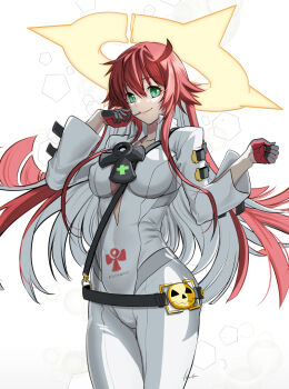 1girl black_gloves bodysuit breasts broken_halo cleavage cowboy_shot gloves green_eyes guilty_gear guilty_gear_strive halo jack-o&#039;_valentine kusu_(moo1225) long_hair medium_breasts multicolored_hair red_gloves red_hair simple_background solo two-tone_hair white_background white_bodysuit white_hair yellow_halo